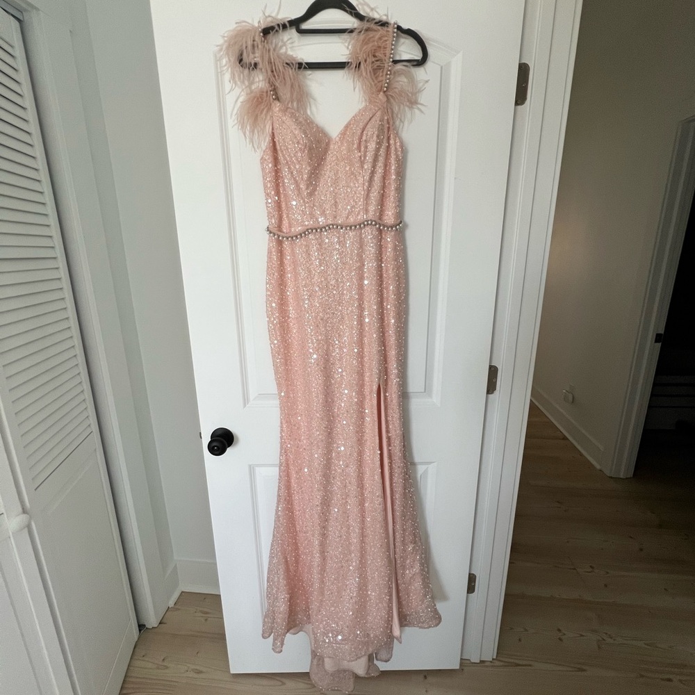 Pink Sequin Gown with Feather Straps